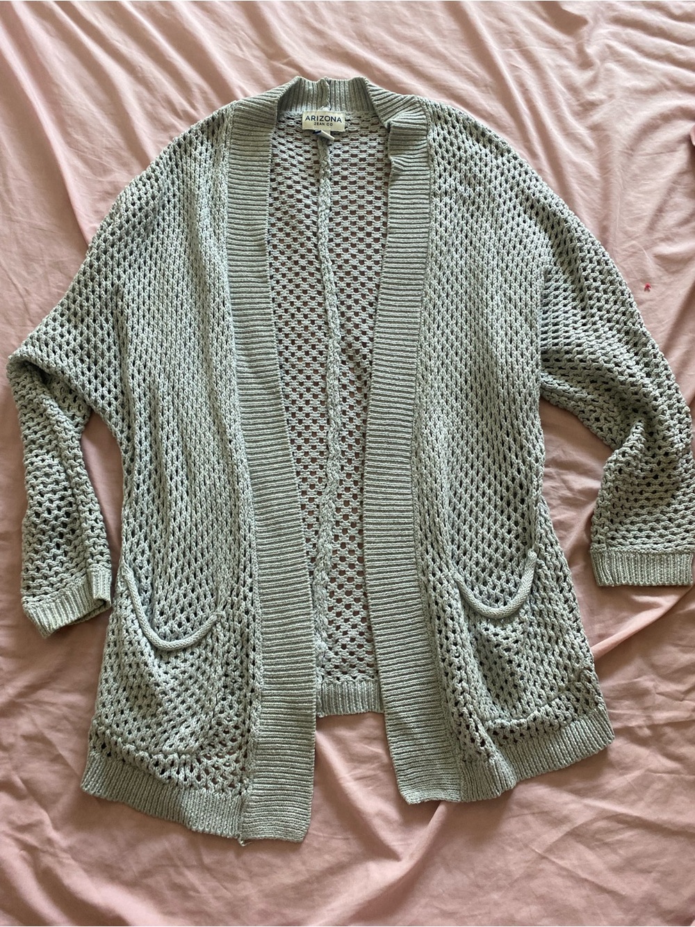 Gray Open-Front Lightweight Cardigan with Open-Weave Knit and Pockets